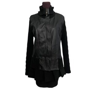 Kik-It Black Leather Knit Turtleneck Jacket Women's Medium Full Zip Biker